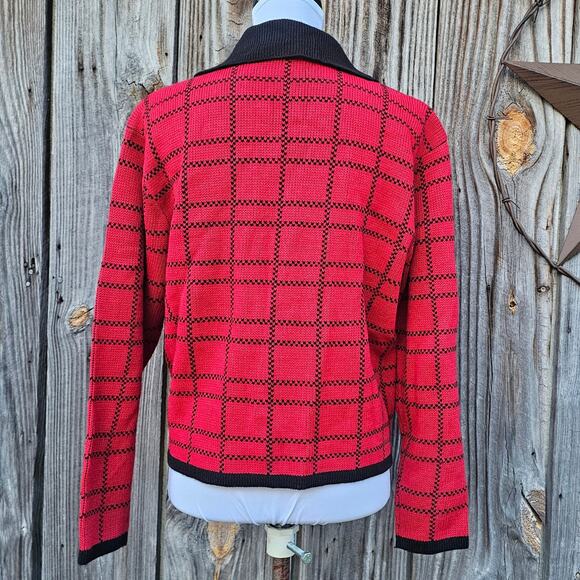 Scottie Dog Cardigan Petite Med Crystal Kobe Red Black Plaid PM Knit VTG Sweater - Picture 4 of 10